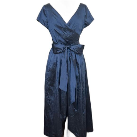 Adrianna Papell V-Neck Ruched Taffeta High-Low Navy Demure Dress - Women 8 - Picture 1 of 9